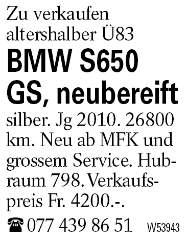BMW S650 GS, neubereift